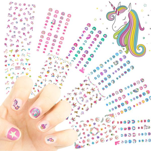 Unicorn Kids Nail Art Stickers Decals for Little Girls, 500+ Cute Rainbow Heart Stars Princess Aniuvot Nail Wrap Decoration Self Adhesive Finger Toe Tip Stickers Birthday Party Favor Gift