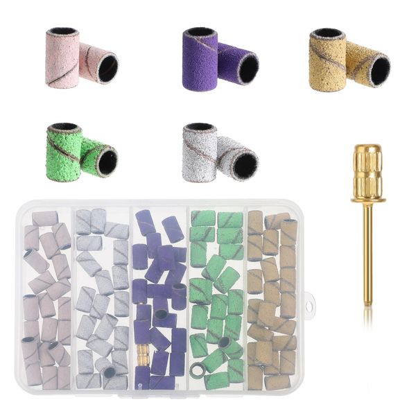 Nogeqi 100 Pcs Small Sanding Band Nail Drill Bit, Nail Drill Sanding Bands with Mandrel Bit, Nail Drill Bit Set, Small Sanding Bands for Acrylic Nails Gel Manicures and Pedicure