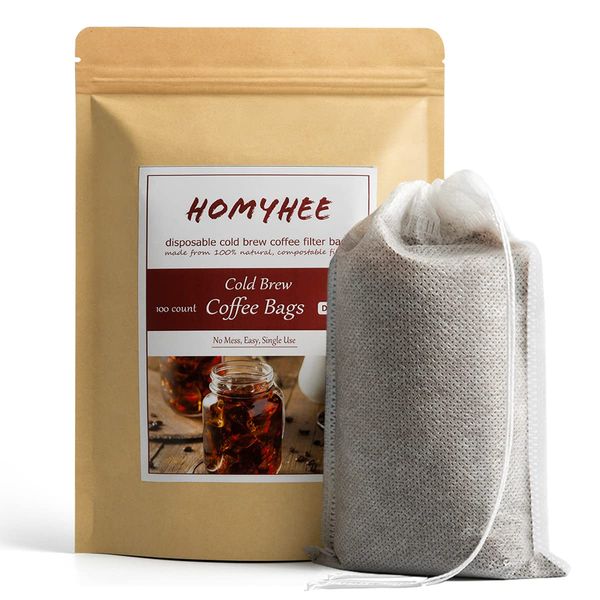 HOMYHEE No Mess Cold Brew Coffee Filters - 100 Count Disposable Fine Mesh Brewing Bags for Concentrate/Iced Coffee Maker, French/Cold Press Kit, Hot Tea in Mason Jar or Pitcher, 4 x 6 Inches