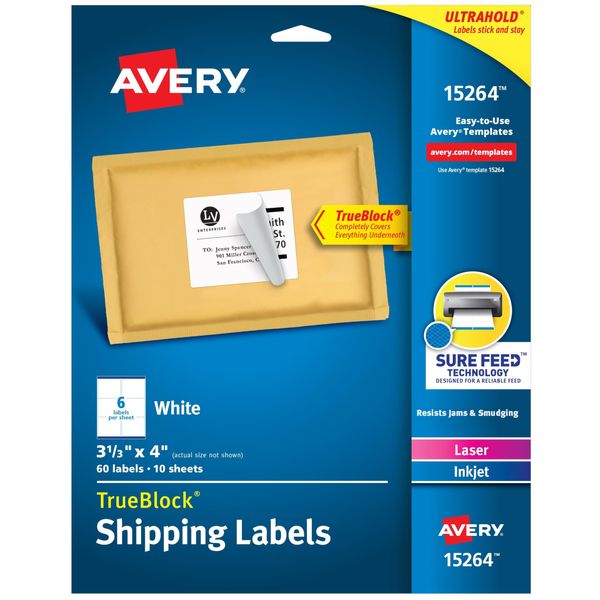 Avery Printable Shipping Labels with Sure Feed, 3-1/3" x 4", White, 60 Blank Mailing Labels (15264)