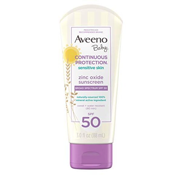 Aveeno Baby Continuous Protection Zinc Oxide Mineral Sunscreen Lotion for Sensitive Skin with Broad Spectrum SPF 50, Tear-Free, Sweat- & Water-Resistant, Travel-Size, 3 fl. Oz