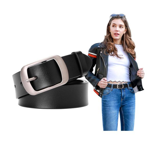 SUOSDEY Fashion Womens Soft Leather Belt, Waist Belt with Pin Buckle for Jeans Pants, black belt,width 1.3"