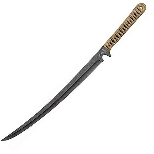 BLACK RONIN Tan Combat Wakizashi Sword with Injection-Molded Sheath - Stonewashed Stainless Steel Blade, One-Piece Construction, Faux Ray-Skin, Cord-Wrapped Handle - Great for Slicing Job - Length 27"