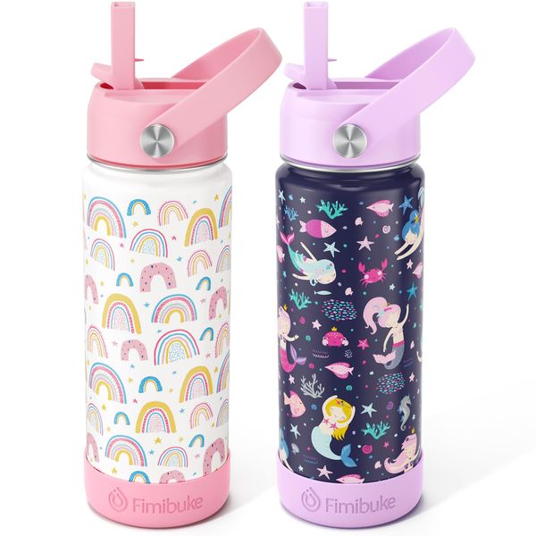 Fimibuke Insulated Water Bottle - 18oz BPA-FREE Kids Cup with Straw Double Wall Vacuum Tumbler 18/8 Stainless Steel Leak Proof Toddler Bottle for School Boys Girls (2 Pack, Rainbow/Mermaid)