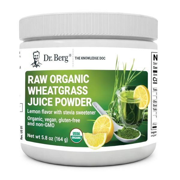 Dr. Berg USDA Certified Organic Green Powder Superfood (60 Servings) - Made with Raw Wheatgrass Powder, Chlorophyll, Trace Minerals & Natural Enzymes - Non-GMO Green Superfood Powder - Lemon Flavor