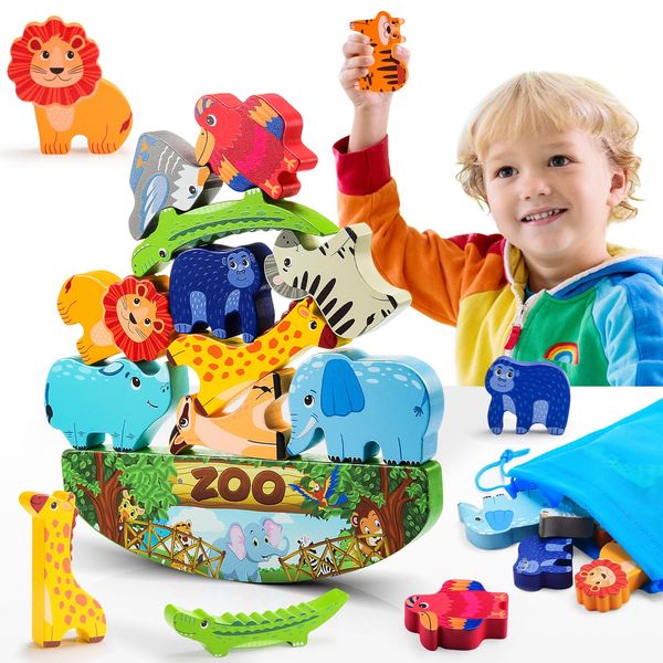 IPOURUP Animals Montessori Toddler Toys 2 3 4 5 6 7 Year Old Boys Girls Wooden Animal Blocks Stacking Toy Kids Christmas Birthday Gifts for Boy Girl Age 3-7 Educational Toys Fine Motor Balance Game