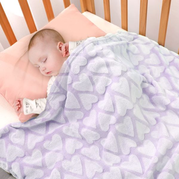 Bertte Plush Baby Blanket for Boys Girls | Swaddle Receiving Blankets Super Soft Warm Lightweight Breathable for Infant Toddler Crib Stroller - 33"x43" Large, Lavender Hearts Embossed