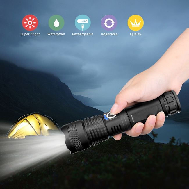 LEP Flashlights High Lumens Super Bright Xhp50 Tactical Handheld Flash Light  Zoomable USB Rechargeable 18650 Emergency