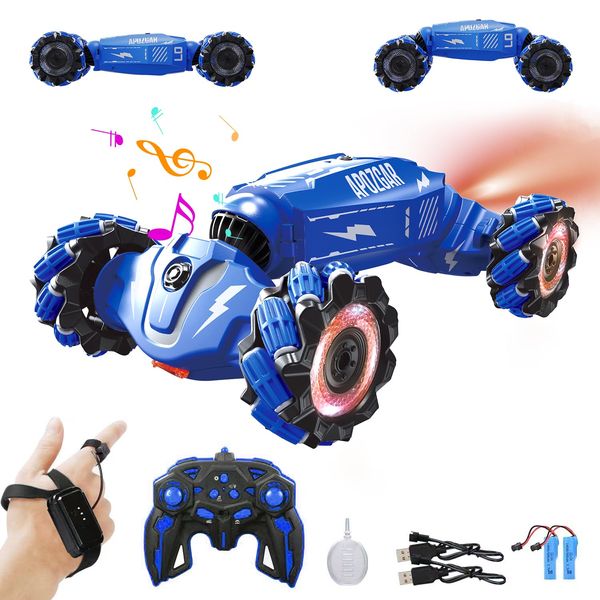 LOOZIX Upgraded Hand Gesture Sensing RC Stunt Car with Lights Music, Spray Fog Steam Gesture RC Car Remote Controll Transformed Vehicle 360° Spins All Terrains Monster Truck for Boys Kids