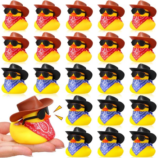 24 Set Cowboy Rubber Duck Mini Yellow Duckies Bath Party Toy Tiny Ducks Bathtub Toy with Cowboy Hat Paisley Bandanas Sunglasses for Summer Baby Shower Birthday Swimming Party Favor (Vintage Style)