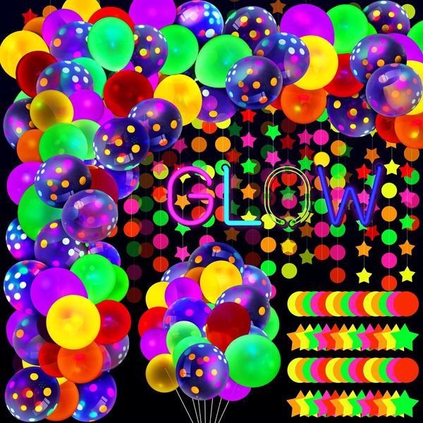 Sumind 100 Pcs Neon Balloon Arch Glow in the Dark UV Black Light Balloon 53 ft Neon Streamers Paper for Birthday Wedding Blacklight Party Supplies Reactive Fluorescent Balloon(Polka Dot Style)