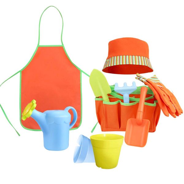 Megawodar Kids Garden Tools Set with Sun Hat,Gloves,Apron,Storage Bag,Watering can,2pcs of Pots and 3pcs of Tools for Realing Gardening or Sand Outdoor Play