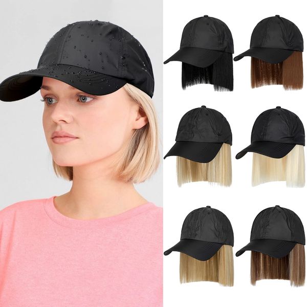 Lansigreen Quick Dry Hat with Hair Extensions Hat Wig Lightweight Waterproof Baseball Cap Attached 11" Short Straight Hairpiece Synthetic for Women Ash Blonde