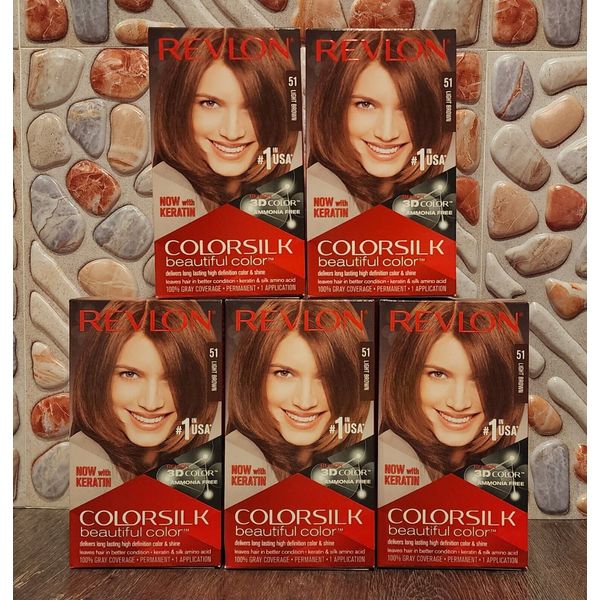 5PK REVLON 51 LIGHT BROWN COLORSILK BEAUTIFUL 3D COLOR PERMANENT NO AMMONIA