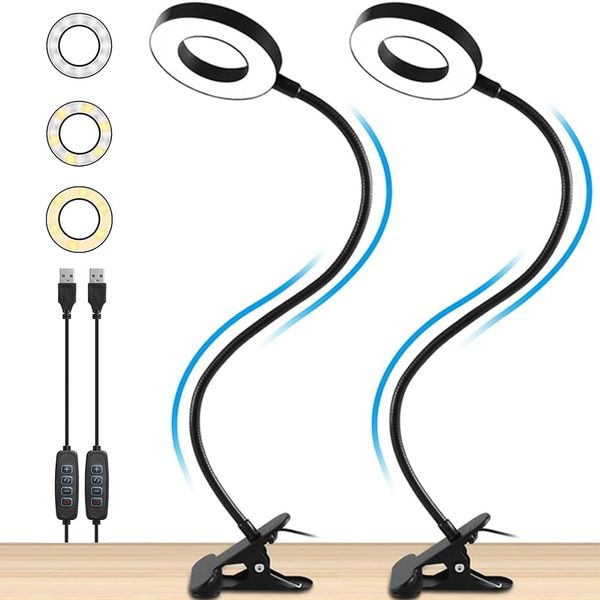 OGIMA Clip on Light Desk Lamp - LED Reading Clamp Light, 3 Color Modes with 10 Brightness, Eye Protection Bed Lights for Headboard, 360° Flexible Gooseneck USB Lamp for Study, Makeup 2 Pack