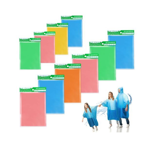 AXNSATRE Rain Poncho Waterproof Adult Kids - 10 Packs Ponchos Family Pack, 6 Packs Disposable Ponchos Adults+ 4 Packs Kids Ponchos Plastic, Festival, Emergency, Camping,Travel, Women/Men/Child