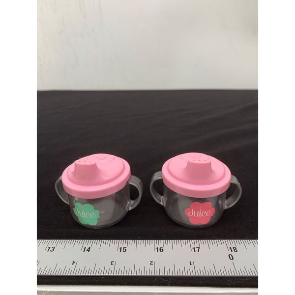 2 Baby Doll Juice Sippy Cups Pink Lids Clear Cups Pink Green Labels