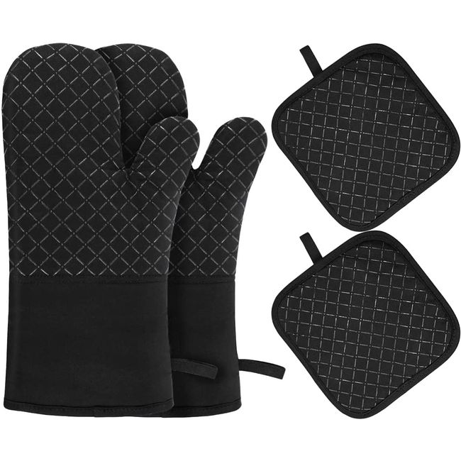 Oven Mitts, Whonor Heat Resistant Mitts, Heat Resistant to 300°C, Burn-proof, Potholder Flexible Cotton + Silicone Mesh Surface, Anti-Slip, Dirt Invisible, Microwave Cooking, Baking Cakes, Hot Pots,