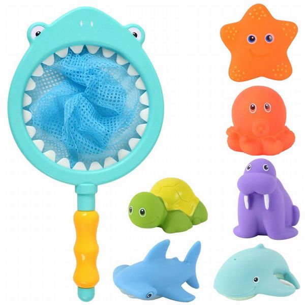 Bath Toy , Fishing Floating Animals Squirts Toys Games Playing Set with Fishing net , Fish Net Game in Bathtub Bathroom Pool for Babies Toddlers and Kids (Blue)