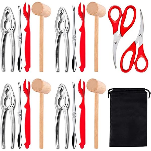 MEETOZ 19Pcs Seafood Tools Set, Crab Crackers and Tools Set of includes 4 lobster crab mallets, 4 crab crackers, 4 Lobster Shellers, 4 crab leg forks/picks, 2 Seafood Scissors & 1 Storage Bag