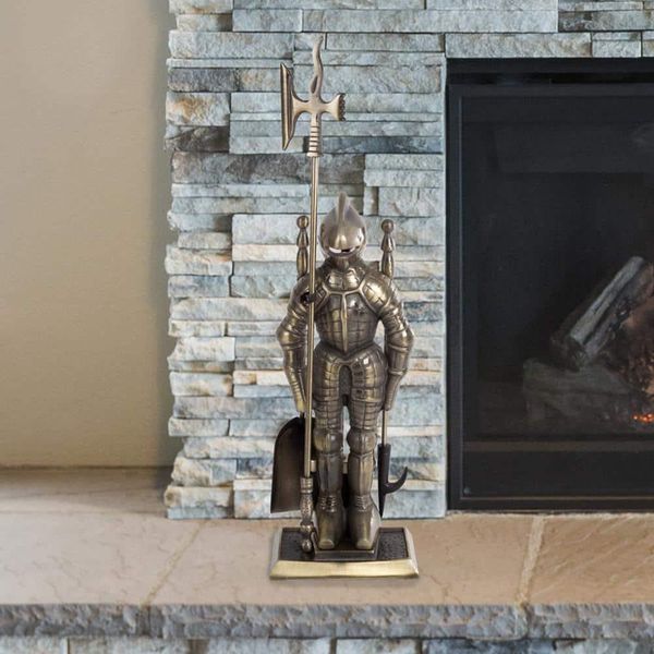 Lavish Home Fireplace Tool Set+Medieval Knight Stand w/ Decor Axe Antique Bronze