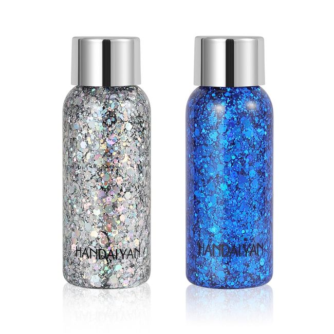 Body Glitter Gel Pack of 2 Bottle, Long Lasting Holographic Face Glitter Gel for Hair, Body, Nail, Waterproof 9 Color Liquid Glitter Body Makeup fo Women (Silver & Dark Blue)