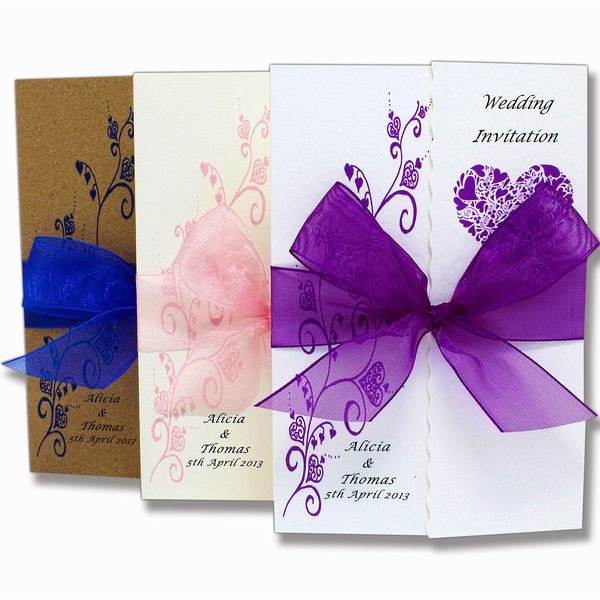 50 Personalised Handmade Gatefold Wedding Invitations- Lots of Ribbon/Design Colours Available.