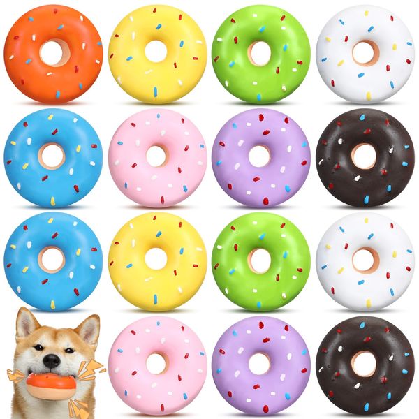 JellyArch 16 Pcs Donut Dog Toys Latex Squeaky Dog Toys for Aggressive Chewers Tough Durable Dog Chew Toy No Stuffing Teething Toys Dog Birthday Gift for Small Medium Dogs Halloween Christmas