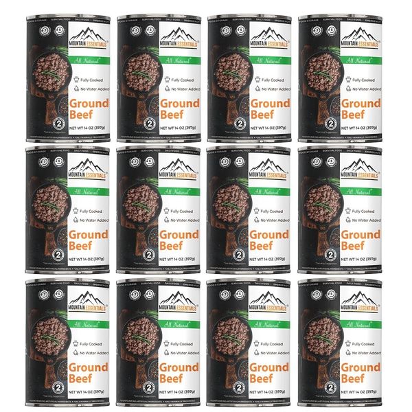 12 Cans- MOUNTAIN ESSENTIALS Fully Cooked Ready-to-Eat Ground Beef 14 Oz Natural