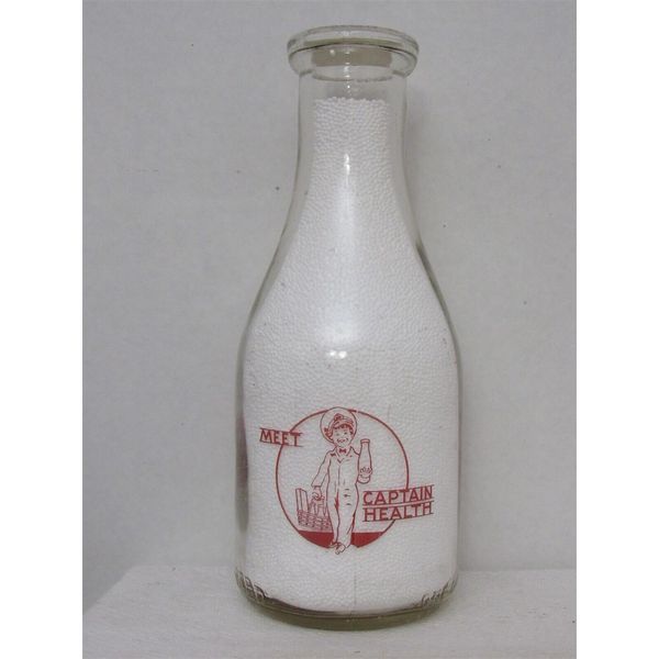 TRPQ Milk Bottle Wooddell Dairy Farm Granville NY 1956 MEET CAPTAIN HEALTH Var 1