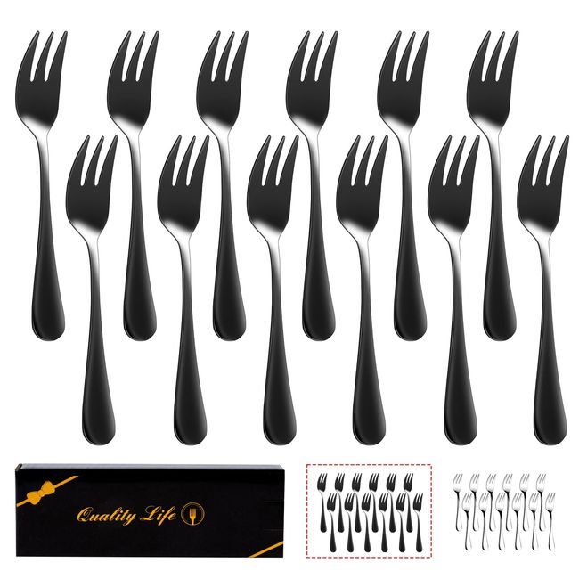 Dessert Forks Set of 12, 5.5Inches, Stainless Steel Cocktail Forks, Appetizer Small Forks, Fruit Salad Forks for Party, Hotel, Restaurant，Dishwasher Safe…(Black)