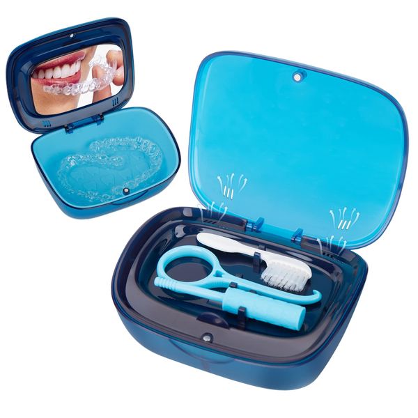 RSWHYY Double layer, Retainer case, Aligner case, Night mouth guard case, With vent holes, Chewies, Cleaning Brush, Removal Tool, Mirror (Blue)