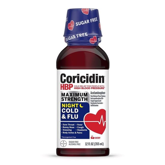 Coricidin HBP Maximum Strength Cough, Cold & Flu Relief. Sugar Free Cherry 12 oz