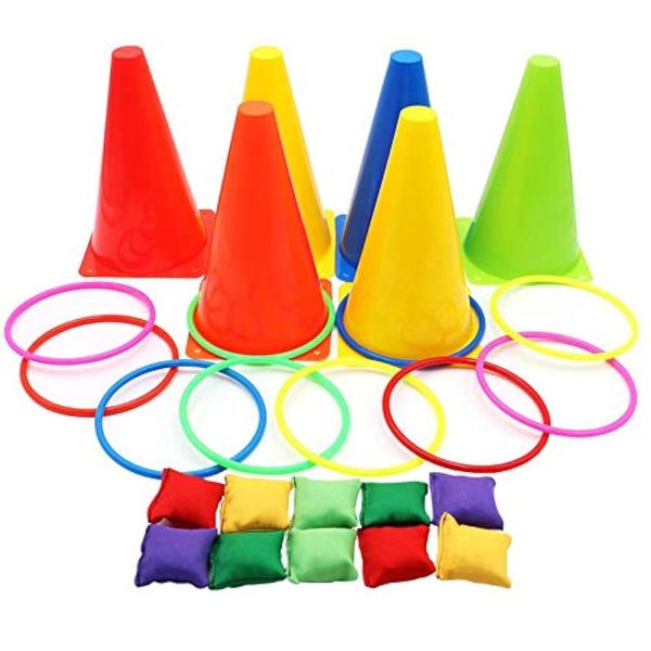 Aotoer 3 In 1 Carnival Combo Set Traffic Cone Ring Toss Game with Bean Bags Plastic Multicolor Throwing Circle Activity Rings for Kids Outdoor Indoor Games