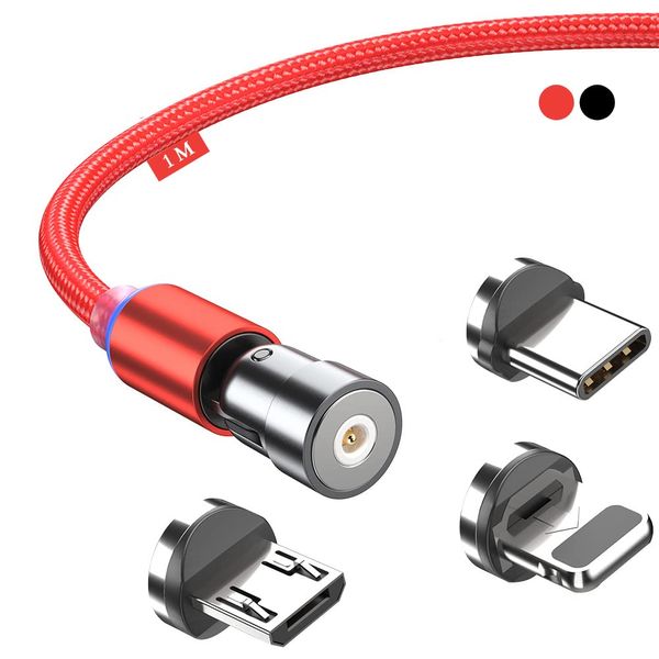 Magnetic Charging Cable 3 in 1 Magnet USB Cable 360 ° + 180 ° Rotating Charging Cable 2.4A 1M/2M Nylon Braided Magnetic Cable Compatible with Micro USB,Type C/USB C,I-Phone,phones,Tablets (1M-3ft-Red)