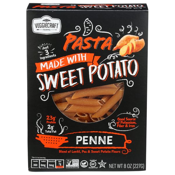 Veggiecraft Farms Penne Pasta Made With Lentil, Peas, & Sweet Potato - Vegan Penne Pasta, Sweet Potato Penne, Gluten Free, Kosher, Vegan, Non-GMO Verified, Penne Pasta, Veggies In Every Bite - 8 Oz