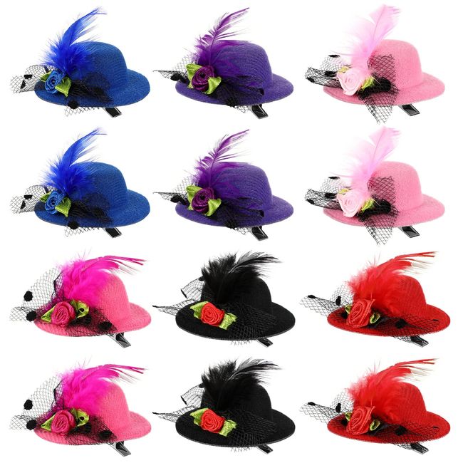 NUOBESTY Mini Hat Hair Clip Mini Top Hat Small Hat Hairpin for Tea or Cocktail Party Cosplay, 12pcs (Random Color)