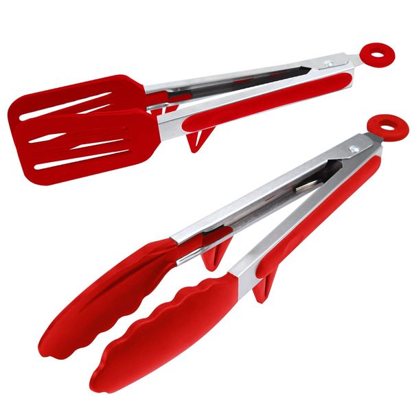 Goalfly Silicone Tongs Set, 26 cm Spatula Tong and 26 cm Food Tong, Kitchen Tongs with Resting Gadget, Suitable for Frying, Cooking, Serving