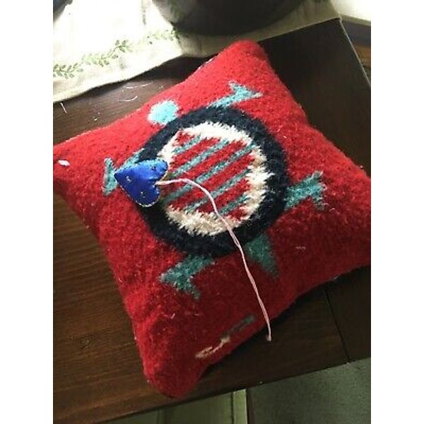 VINTAGE Hand Crafted Wool Small 10 x 10" /RED WITH HEART ON A STRING