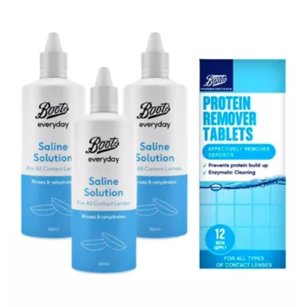Boots Saline Solution 360ml & Protein Remover Tablets Bundle