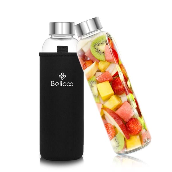 BELICOO BPA-Free Glass Water Bottle 550ml/18oz Borosilicate Leak Proof Portable for School Office Home Travel Sport with Neoprene Carrying Sleeve and Nylon Bottle Brush (Black)