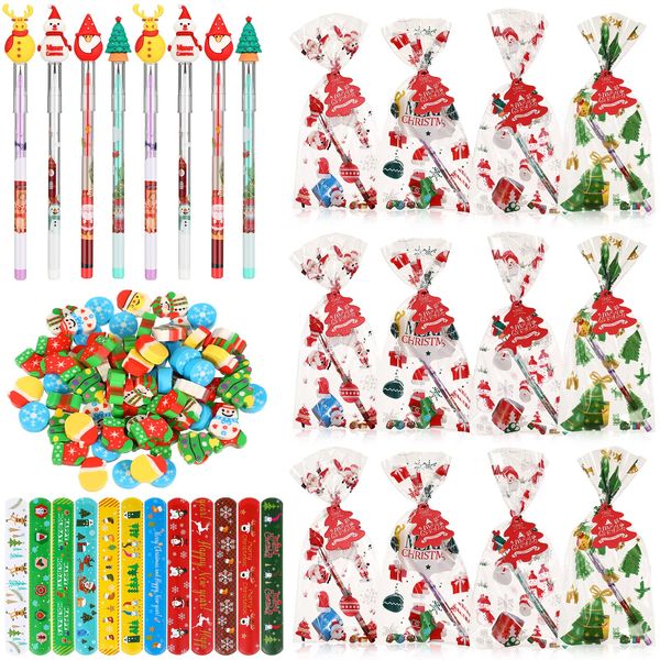 Christmas Stationery Party Favor Bulk Pack with Christmas Pencil Eraser Slap Bracelets Cards Treat Bags for Kids Classroom Gift Exchange School Prizes Reward Carnival Events (Cute Style, 24 Set)