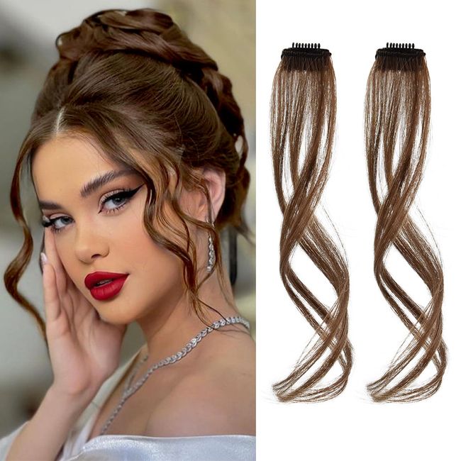 REECHO Long Side Air Bangs, Wavy Curly Clip in Curtain Bangs Front Side Bangs Face-Framing Highlights for Women Daily Use 2 PCS Set Long Temples - Warm Brown