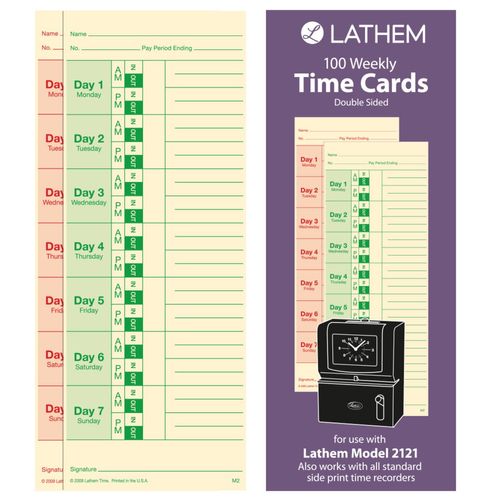 Lathem Weekly Time Cards, Double-Sided, for Lathem Model 2121/Side-Print Time Clocks, 100 Pack (M2-100)