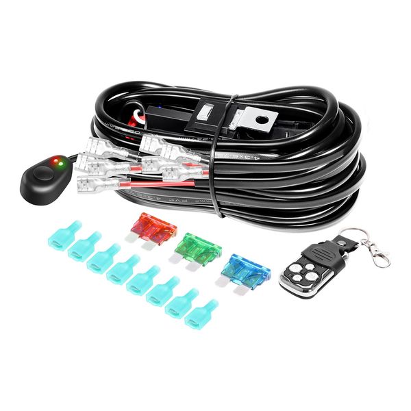 RIGIDON LED Light Bar Wire Harness Kit with Wireless Remote Control 12V 18AWG Strobe Switch Power Relay Blade Fuse Automotive Wire for Fog Light Bar Off Road ATV SUV Trucks(for 4 Light Bar Max 300W)