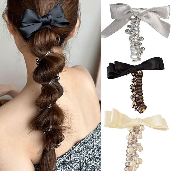 3 PCS Bowknot Braided Telephone Wire No Damage Black White Silver Pearl Ribbon Hair Bands Elastic Spiral Coil Hair Ties Phone Cord for Women Elegant Ponytail Holder Accessories