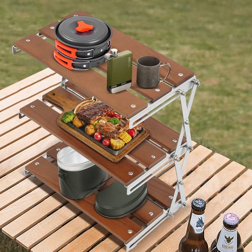 AOIDFOA Camping Folding Storage Rack 3 Tier Natural Wooden Desktop Organiser Multi-functional Outdoor BBQ Shelf