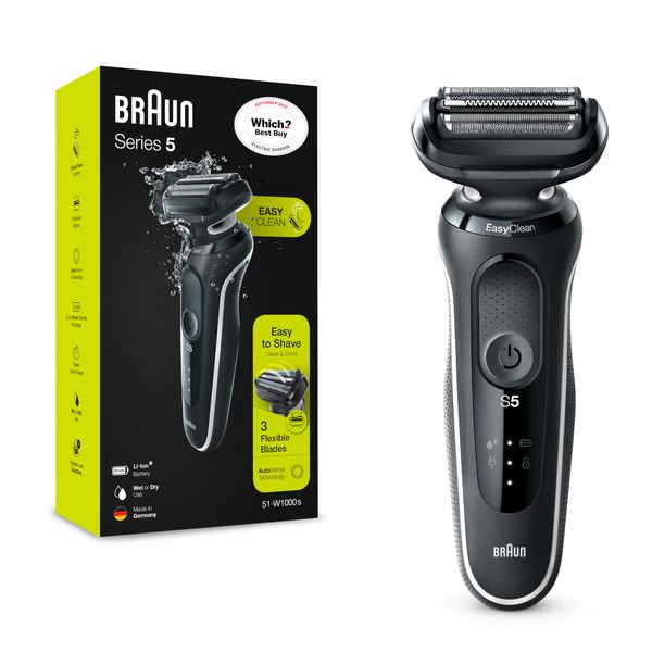 Braun Series 5 Electric Shaver, Foil Shaver With 3 Flexible Blades, 100% Waterproof for Wet & Dry Use, 50-W1000s, White, Rated Which Best Buy