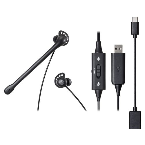 Audio-Technica ATH-202USB USB In-Ear Headset, Type-A Type-C Compatible, Noise Cancelling Microphone, Hand Control, Antibacterial, Deodorizing, U-Shaped Cord for Calling, Music, Gaming, Small