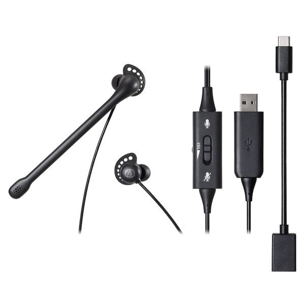 Audio-Technica ATH-202USB USB In-Ear Headset, Type-A Type-C Compatible, Noise Cancelling Microphone, Hand Control, Antibacterial, Deodorizing, U-Shaped Cord for Calling, Music, Gaming, Small